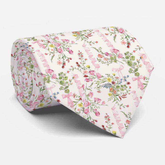 Akvarell Vintage Blommig Vårträdgård  Slips (Rullad)