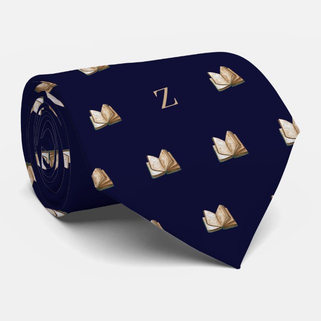Akvarell Vintage Bok Monogram Initialer Blå Slips (Rullad)