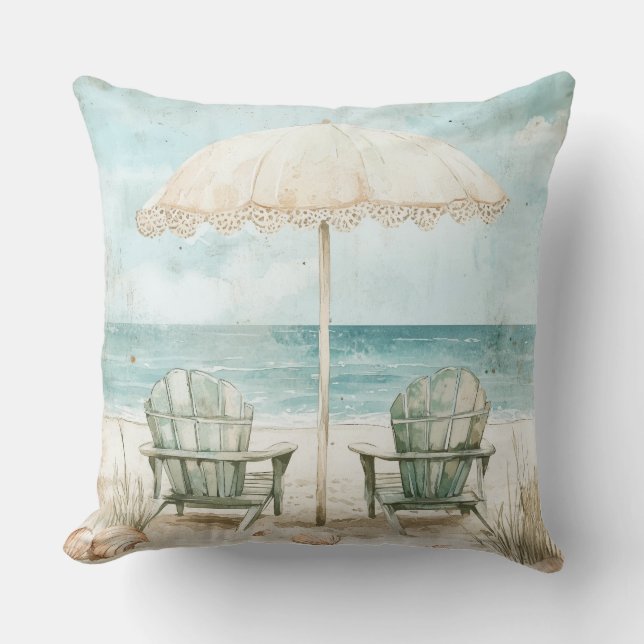 AKVARELL VINTAGE STRANDSTOLAR OCH PARASOLL  KUDDE (Framsida)