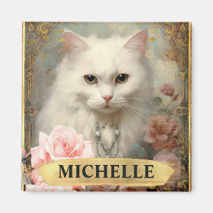 Akvarell Vintage Vit Katt och Rosa Rosor Magnet