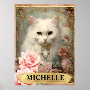 Akvarell Vintage Vit Katt och Rosa Rosor Poster