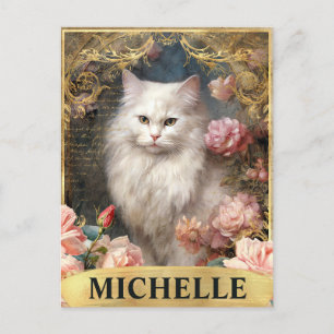 Akvarell Vintage Vit Katt och Rosa Rosor Vykort