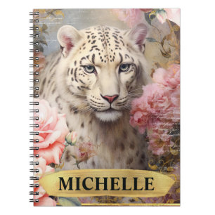 Akvarell Vintage Vit Leopard och Rosa Rosor Anteckningsbok