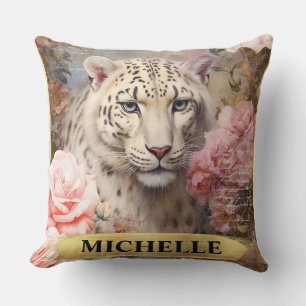 Akvarell Vintage Vit Leopard och Rosa Rosor Kudde