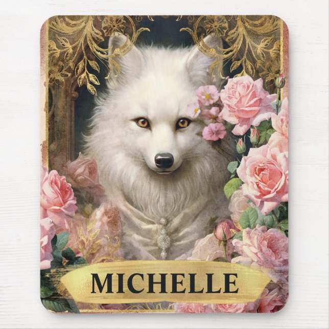 Akvarell Vintage Vit Räv och Rosa Rosor Musmatta (Framsidan)