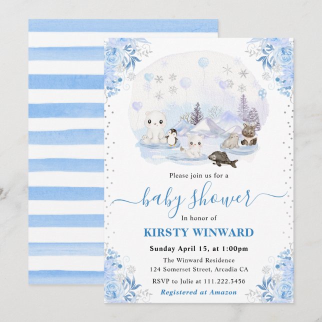 Akvarell Vinter Arktiska Djur Baby Shower Inbjudningar (Fram/baksida)