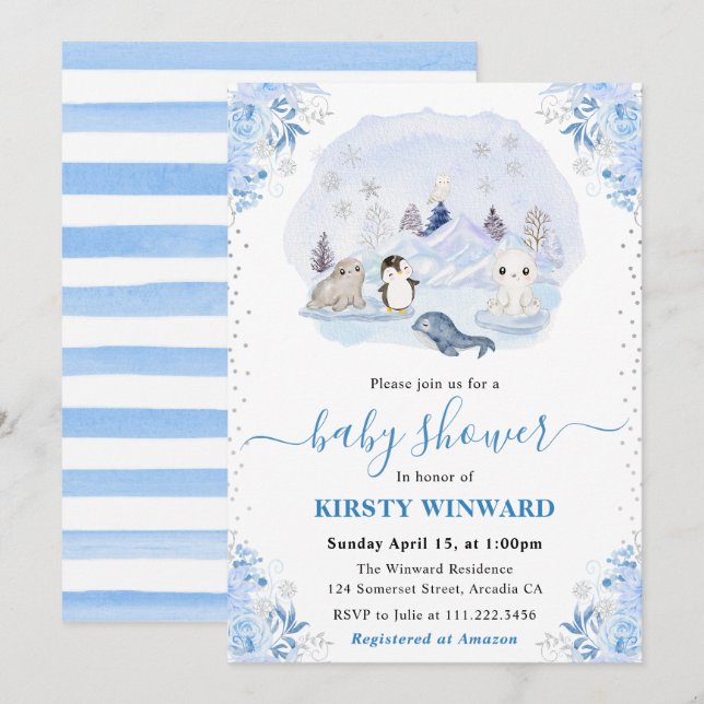 Akvarell Vinter Arktiska Djur Baby Shower Inbjudningar (Fram/baksida)