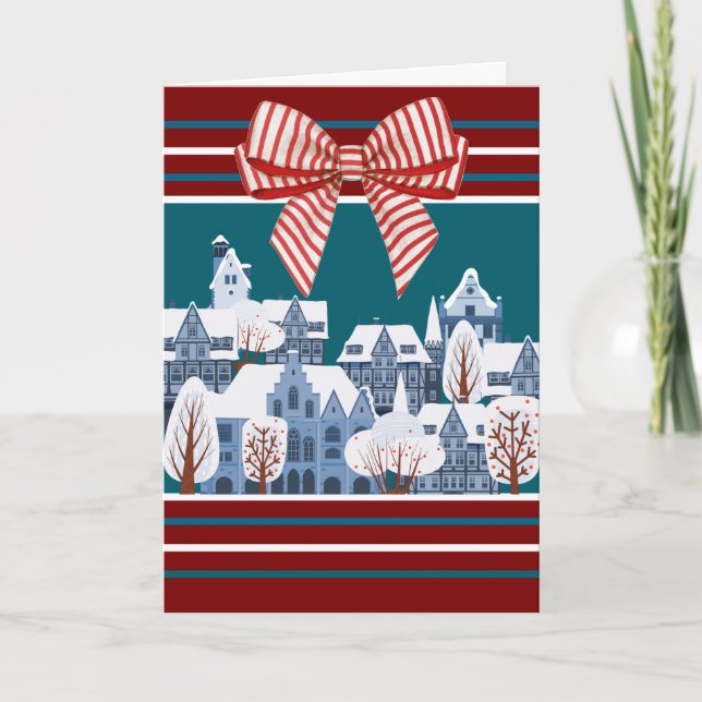 Akvarell Vinter Jul Snö By med Slinga Helgkort (Framsida)