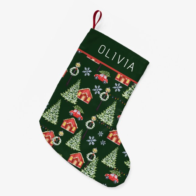 Akvarell Vinter Julgran Anpassat Namn Liten Julstrumpa (Framsidan (Hängande))