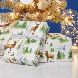 Akvarell Vinter Skog - Hjort och Snöiga Träd -  Presentpapper