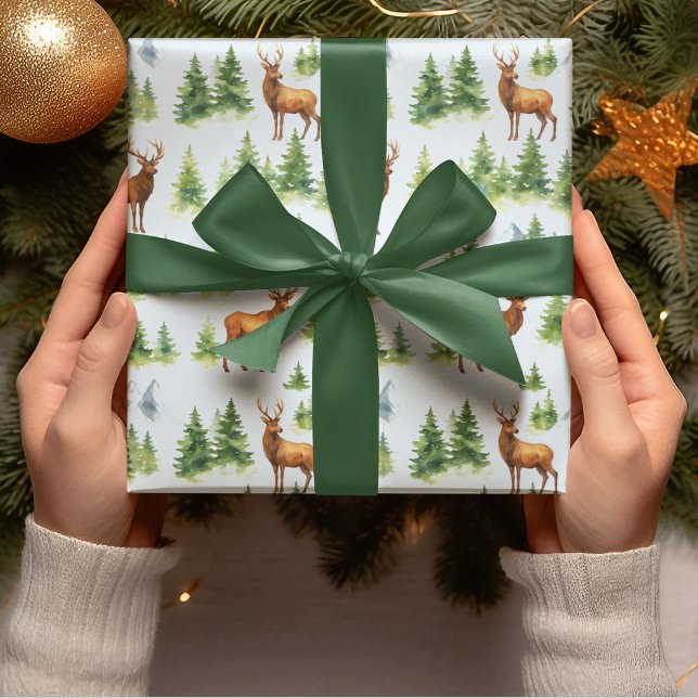 Akvarell Vinter Skog - Hjort och Snöiga Träd -  Presentpapper (Skapare uppladdad)