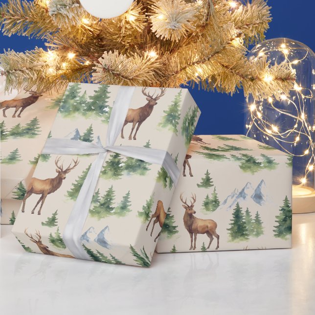 Akvarell Vinter Skog - Hjort och Snöiga Träd -  Presentpapper (Helgdagar)