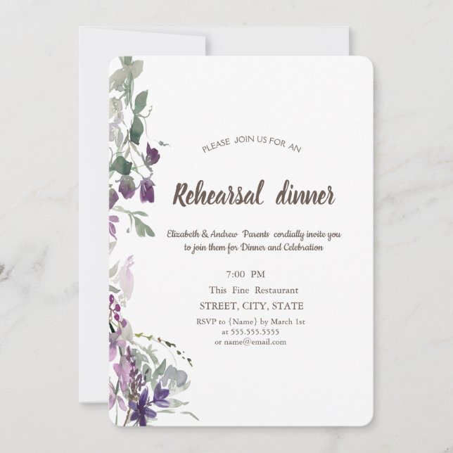 Akvarell Violett Vildblomma Övningsmiddag Inbjudningar (Framsida)