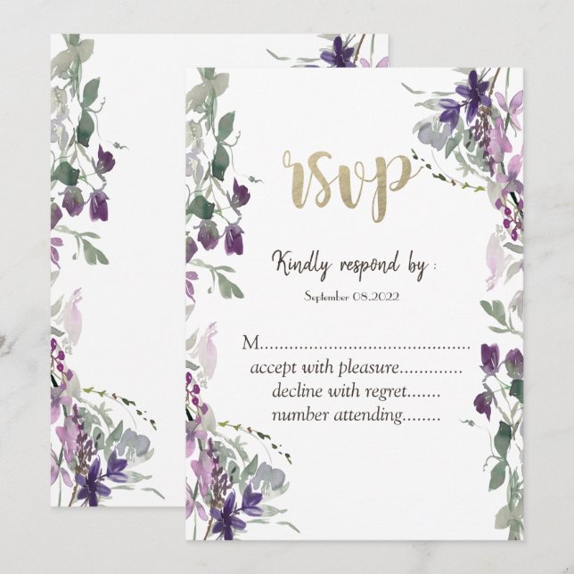 Akvarell Violett Vildblomma RSVP Inbjudningar (Fram/baksida)