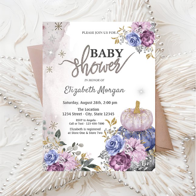 Akvarell Violetta Pumpafrukter Blommor Bebisens Fö Inbjudningar (Skapare uppladdad)
