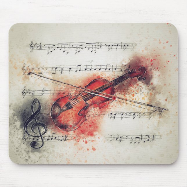 Akvarell Violin Notblad Rost Orange Kräm Musmatta (Framsidan)