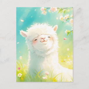 Akvarell Vit Alpaca och Rosa Körsbärsblomning Vykort