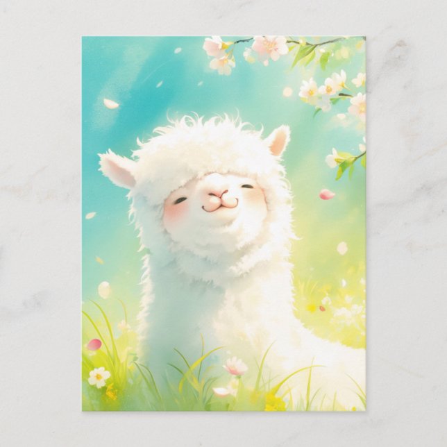 Akvarell Vit Alpaca och Rosa Körsbärsblomning Vykort (Framsida)
