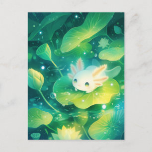 Akvarell Vit Axolotl i damm med gröna näckrosblad Vykort