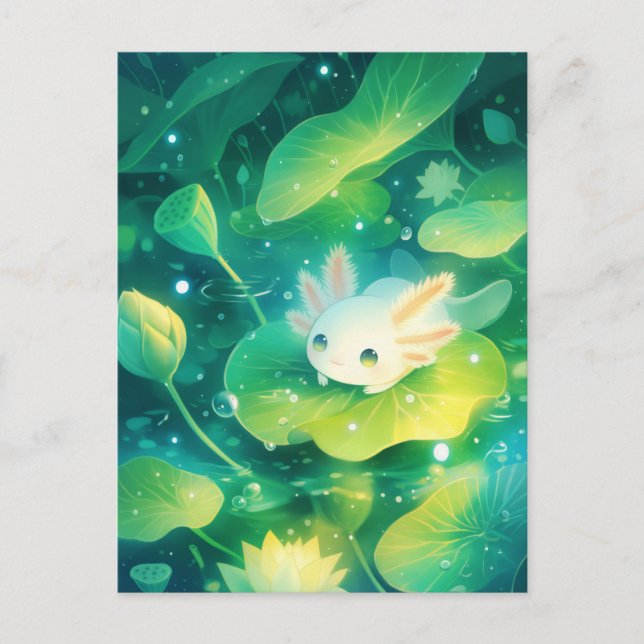 Akvarell Vit Axolotl i damm med gröna näckrosblad Vykort (Framsida)