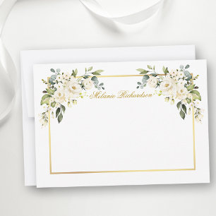 Akvarell Vit Blommig Guld Ram Personlig Anteckningskort