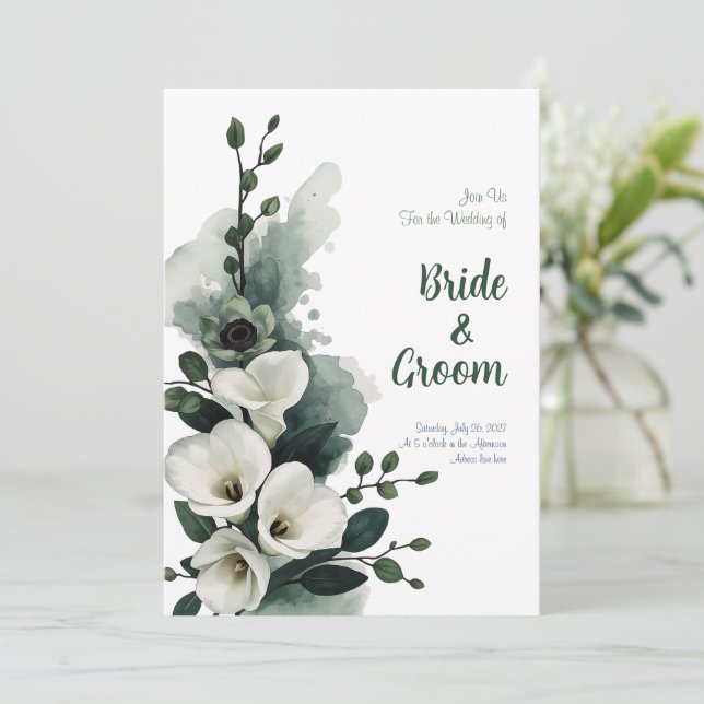 Akvarell Vit Calla Lily Salvia Grön Minimalistisk Inbjudningar (Stående Fram)