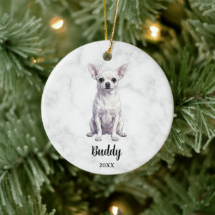 Akvarell Vit Chihuahua Hund Namn Husdjur Minne Julgransprydnad Keramik