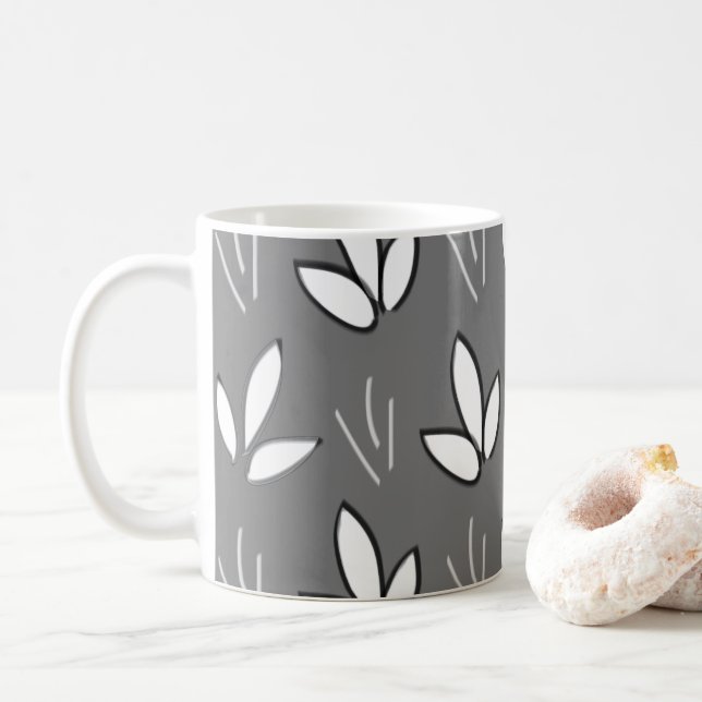 Akvarell Vita Blommor Grå Elegant Kaffemugg (Med munk)