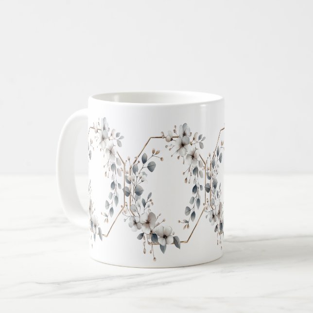 Akvarell Vita Blommor Guldram Silver Teal Kaffemugg (Framsida vänster)
