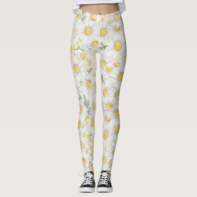akvarell vita blommor mönster leggings (Framsida)
