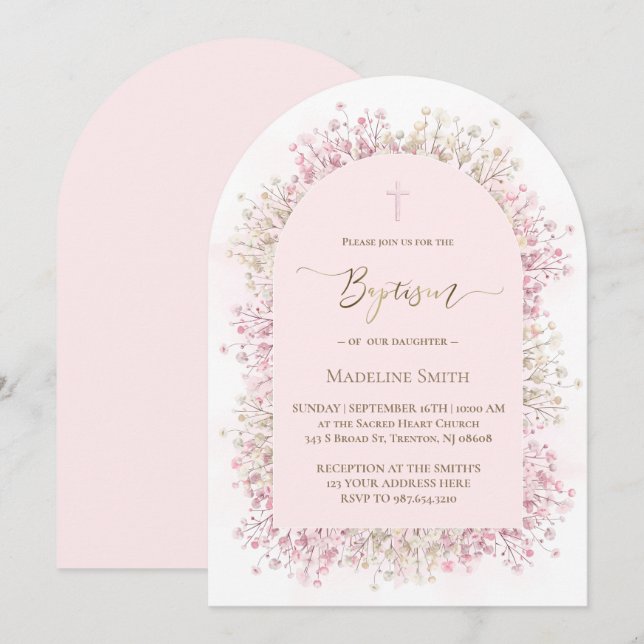 akvarell vita rosa blommor Dop Inbjudningar (Fram/baksida)