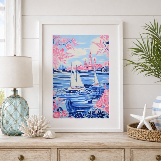 Akvarell Vita Segelbåtar Blått Vatten Rosa Blommor Poster (Skapare uppladdad)