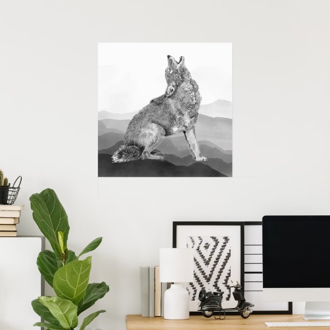 Akvarell Vrålande Coyote Djur Konst Poster (Hemmakontoret)