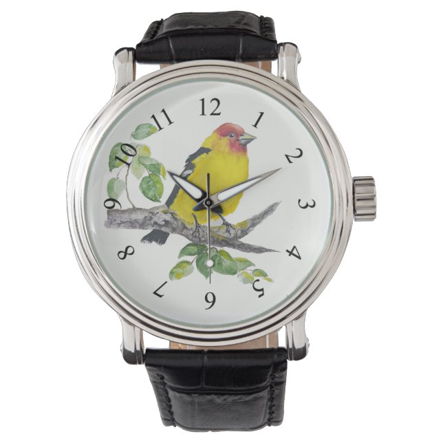 Akvarell Western Tanager Fågel Fågelskådning Fågel Armbandsur (Framsida)