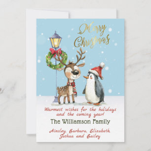 Akvarell Whimsical Ren Pingvin Jul Julkort