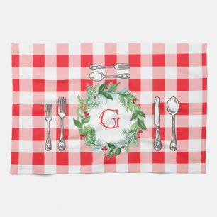 Akvarell Xmas Krans MONOGRAM Röd Kryss Kökshandduk