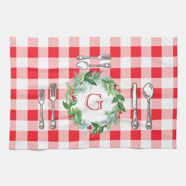 Akvarell Xmas Krans MONOGRAM Röd Kryss  Kökshandduk (Horisontell)