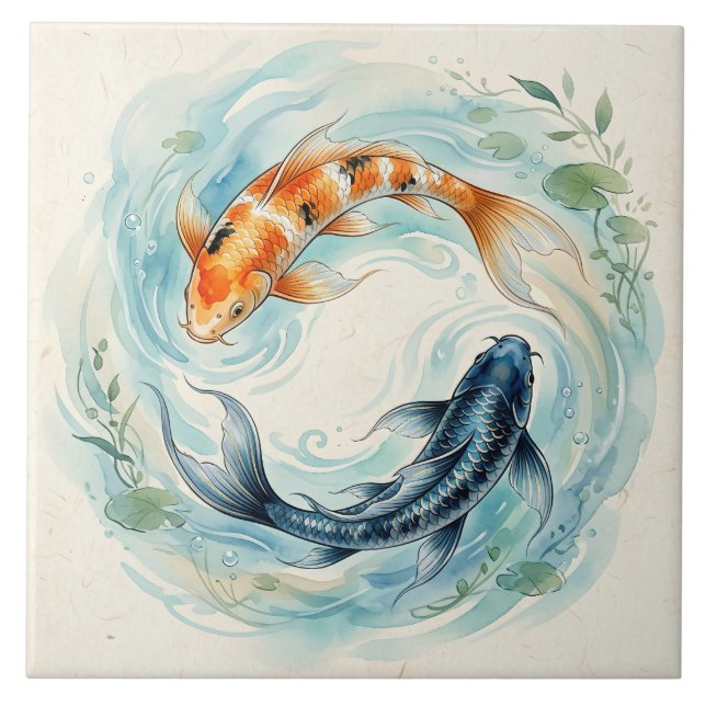 Akvarell Yin Yang Koi Fisk Kakelplatta (Framsidan)