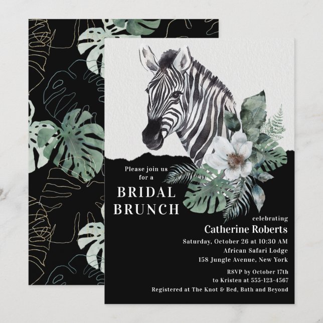 Akvarell Zebra Tropisk Bröllopsbrunch Inbjudningar (Fram/baksida)