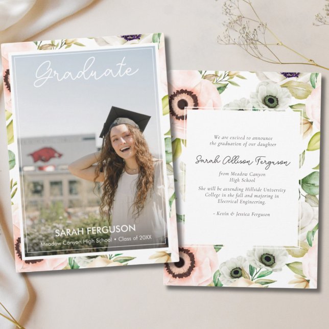 Akvarellanemoner Blommig Fotografi Examen Meddelande (Floral Graduation Announcement)