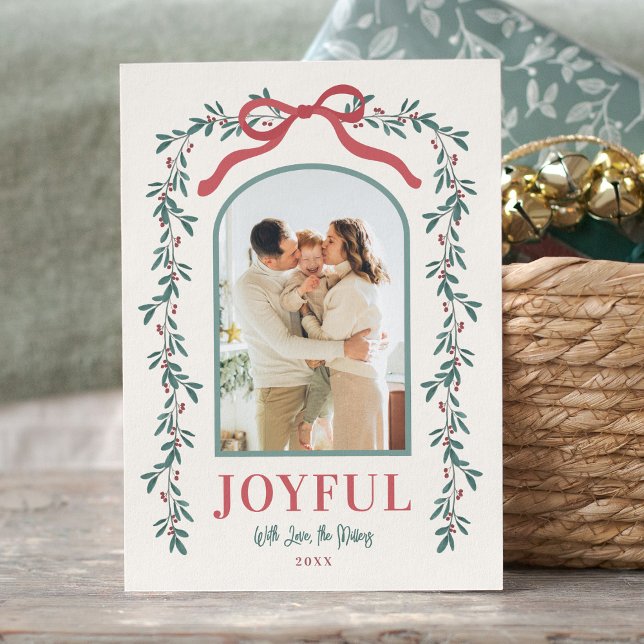 Akvarellbåge Girlang Bow Anpassad Personlig Text F Julkort (Watercolor Arch Garland Photo Holiday Card Custom Sentiment Classic Traditional Personalized Family)