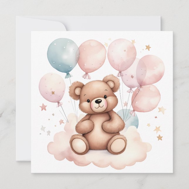 Akvarellballong Teddybjörn Inbjudningar (Framsida)