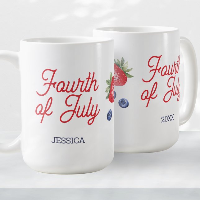 Akvarellbär Personlig handstil 4:e juli Kaffemugg (Watercolor Berries Personalized Script 4th of July Coffee Mug)
