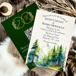 Akvarellberg, QR-kod & Monogram - Smaragdgrön Inbjudningar