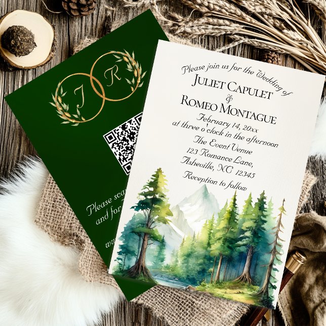 Akvarellberg, QR-kod & Monogram - Smaragdgrön Inbjudningar (Skapare uppladdad)