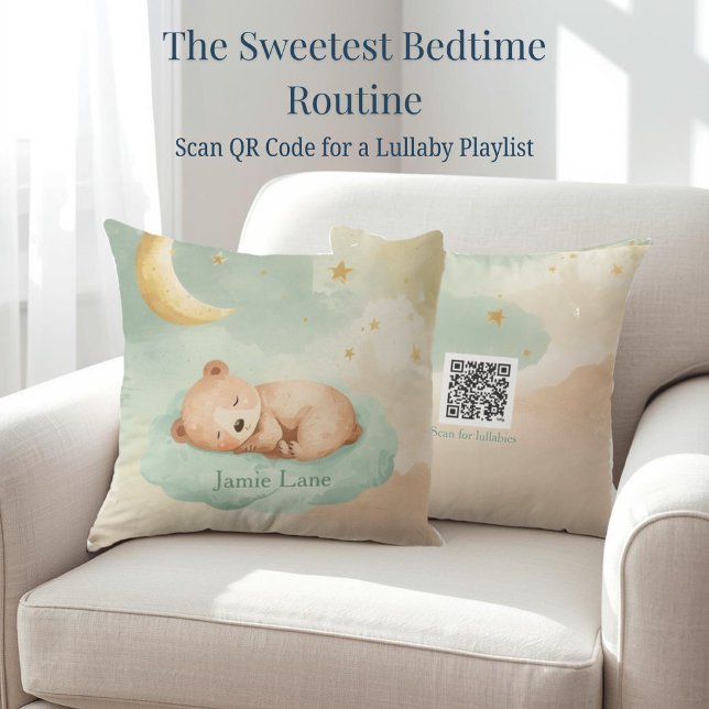 Akvarellbjörn på moln Skannbar Vaggvisa Kudde (Soft watercolor bear pillow with scannable lullabies—the perfect soothing gift for new nurseries.)