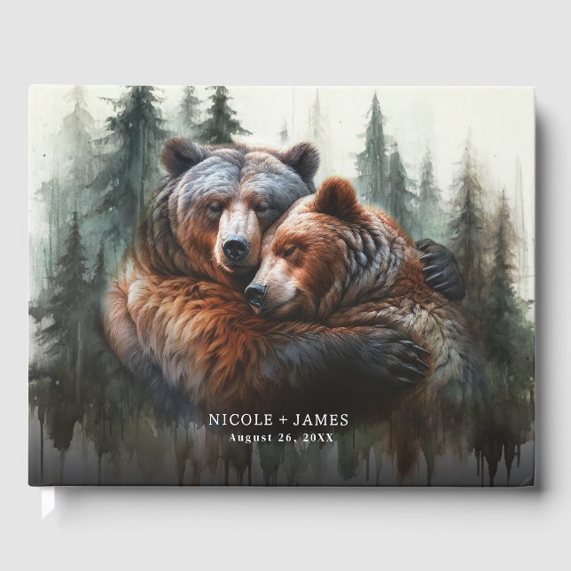 Akvarellbjörnar Rustikt Skogsbryllop Gästböcker (Framsida)