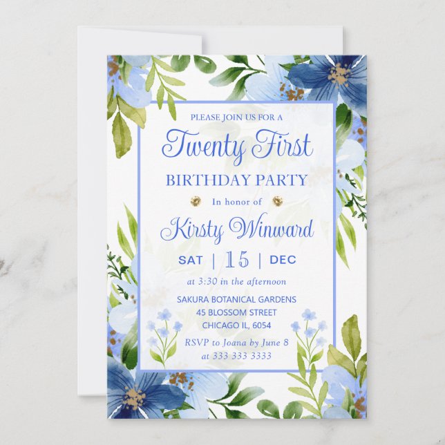 Akvarellblå & Babyblå Blommor 21-års Födelsedag Inbjudningar (Framsida)