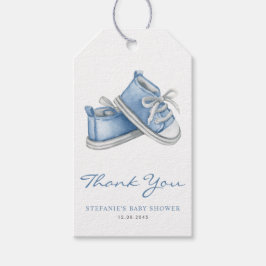 Akvarellblå babyskor Baby Shower Tack Presentetikett