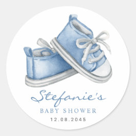Akvarellblå bebisbarnstövlar Baby Shower Runt Klistermärke